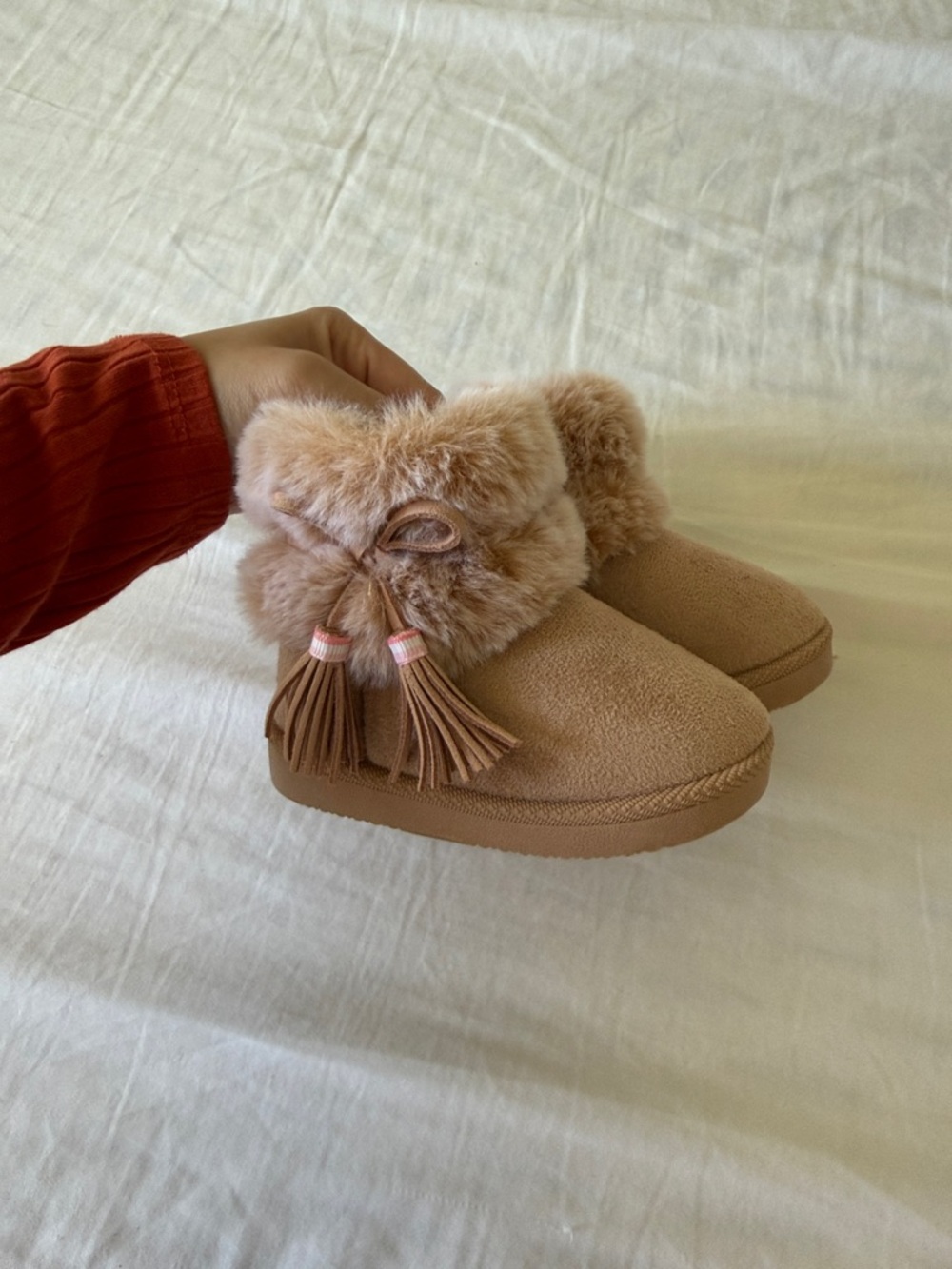 Kids Faux Fur Tassel Slip-On Boots - Tan